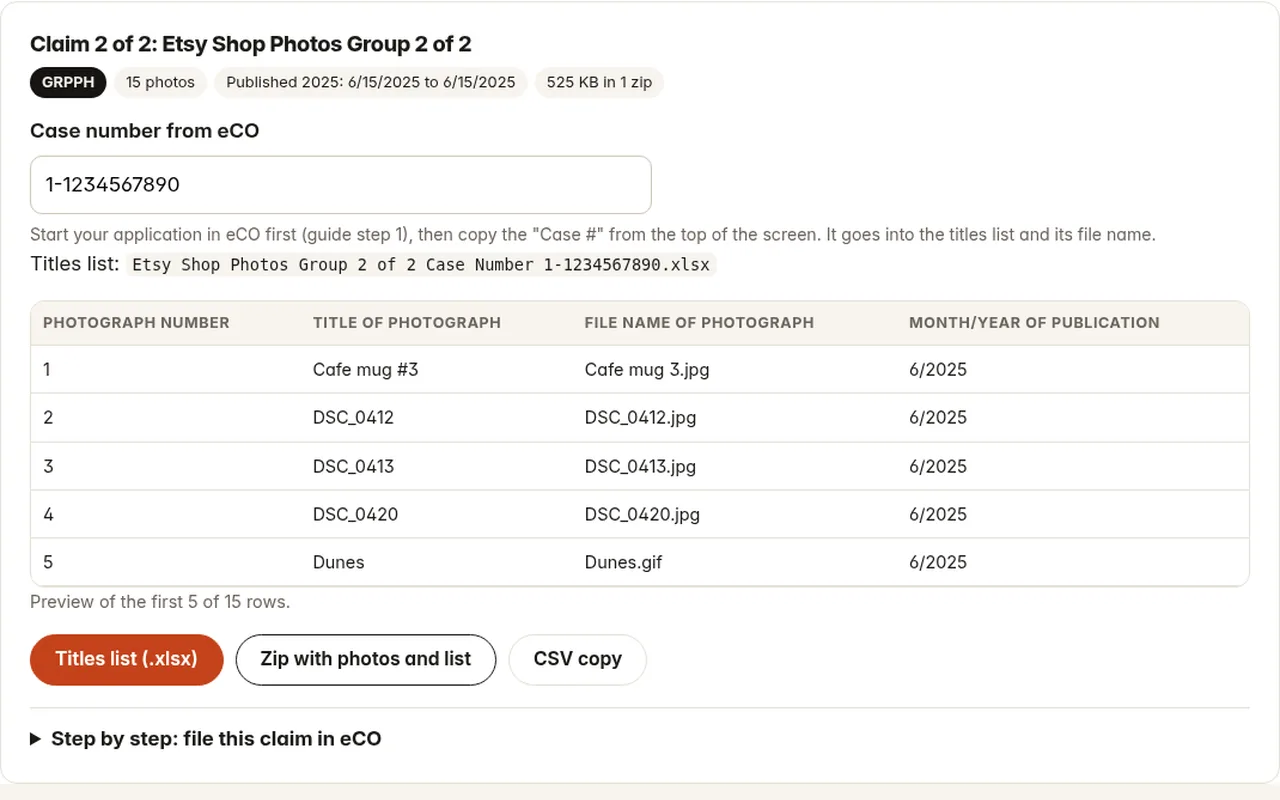 A ready claim: titles list preview in the Copyright Office layout, download buttons and the step by step eCO guide.